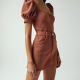 Terracotta Houndstooth Puff Sleeve Denim Mini Skirt