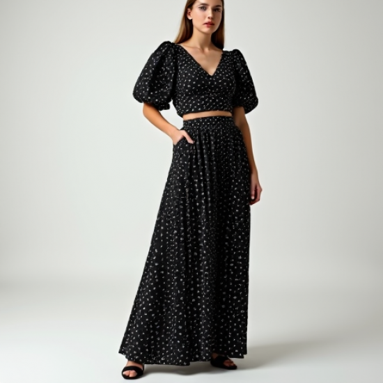 Midnight Black Polka Dot Puff Sleeve Pleated Maxi Skirt