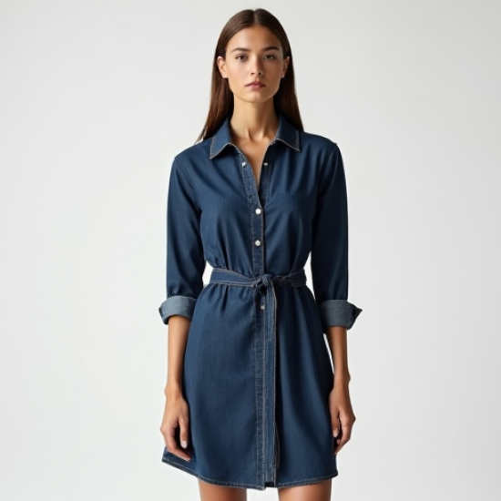 Navy Blue Denim Wrap Front Shirt Dress