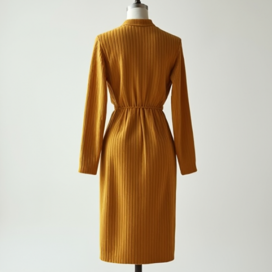 Mustard Yellow Ribbed Knit Belted Midi Dress