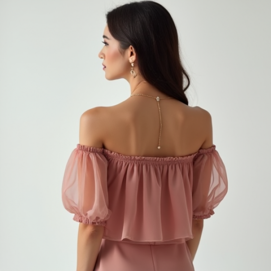 Dusty Rose Organza Off-Shoulder Puff Sleeve Top