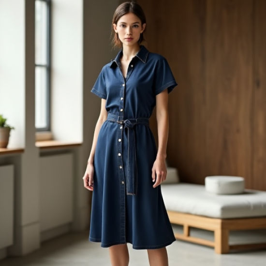 Navy Blue Denim Wrap Front Shirt Dress
