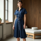 Navy Blue Denim Wrap Front Shirt Dress