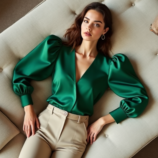 Emerald Green Silk Puff Sleeve Top