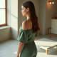 Sage Green Tweed Off-Shoulder High-Waisted Trousers