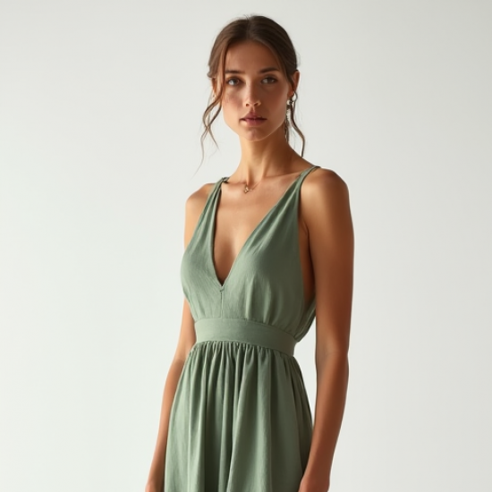 Sage Green Linen Blend V-Neck Evening Gown