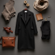 Midnight Black Jacquard V-Neck Wool Longline Coat