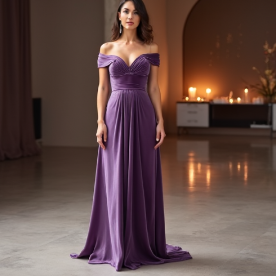 Lavender Off-Shoulder Velvet Evening Gown