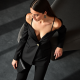 Midnight Black Abstract Print Off-Shoulder Tailored Blazer
