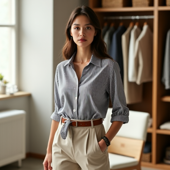 Retro Striped Belted Blouse