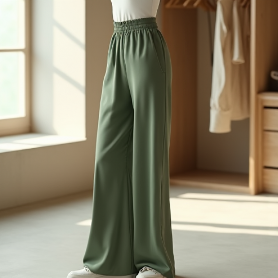 Sage Green Square Neck Satin Wide-Leg Pants