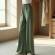 Sage Green Square Neck Satin Wide-Leg Pants