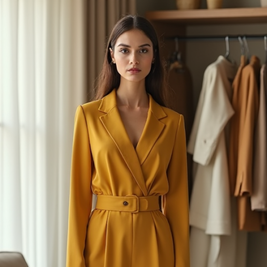 Mustard Yellow Double-Breasted Chiffon High-Waisted Trousers
