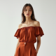 Terracotta Solid Color Off-Shoulder Pleated Slacks