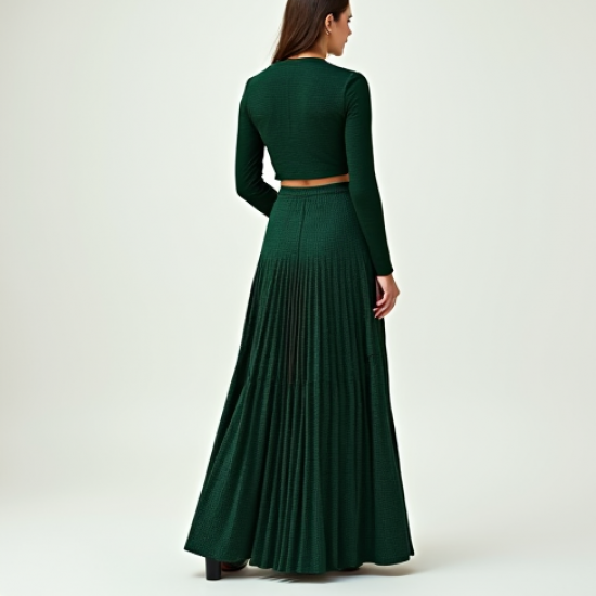Emerald Green Houndstooth Cut-Out Pleated Maxi Skirt