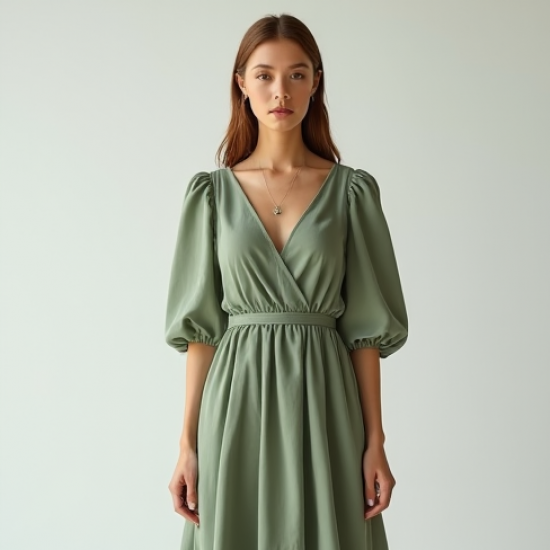 Sage Green Puff Sleeve Chiffon Wrap Dress