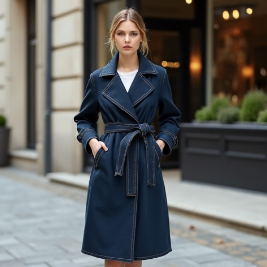 Navy Blue Denim Wrap Front Trench Coat