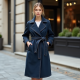 Navy Blue Denim Wrap Front Trench Coat