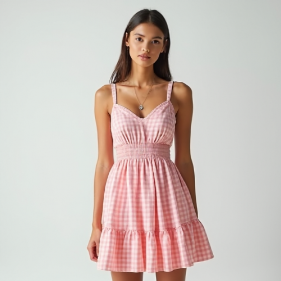 Pastel Pink Gingham Backless Tiered Dress