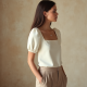 French Style Square Neck Silk Puff Sleeve Top