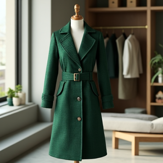 Emerald Green Houndstooth Cut-Out Trench Coat
