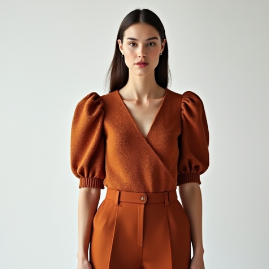 Terracotta Tweed V-Neck Puff Sleeve Top