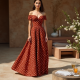 Terracotta Polka Dot Off-Shoulder Evening Gown
