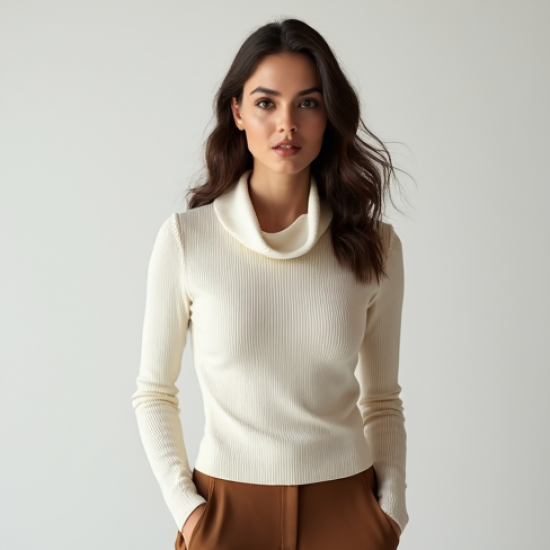 Ivory White Ribbed Knit Cowl Neck Knit Top