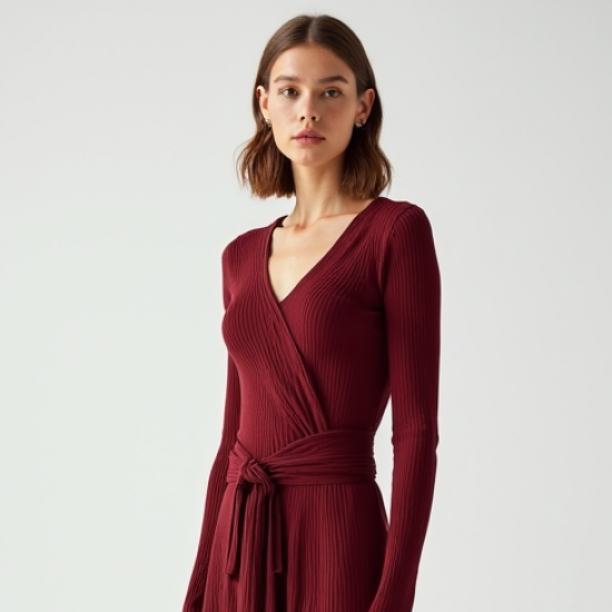 Burgundy Ribbed Knit V-Neck Tiered Boho Skirt