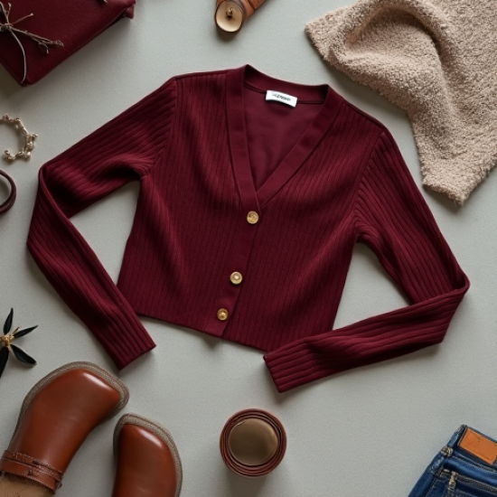 Burgundy Ribbed Knit V-Neck Cropped Jacket