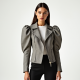 French Style Gingham Puff Sleeve Biker Jacket