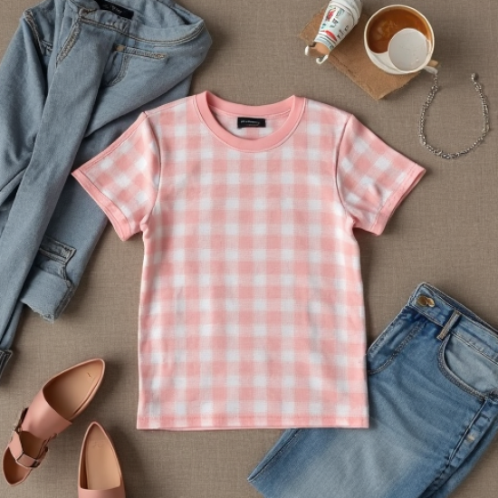 Pastel Pink Houndstooth Off-Shoulder Graphic Tee