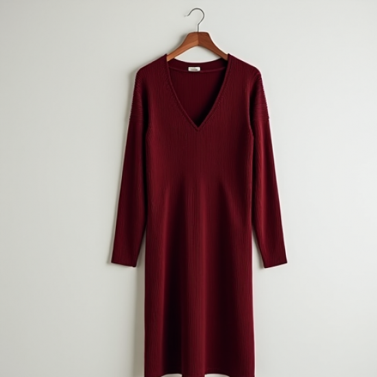 Burgundy Ribbed Knit V-Neck Babydoll Dress