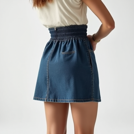 Boho Smocked Wool Blend Denim Mini Skirt