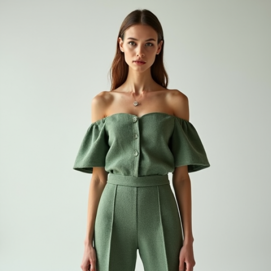 Sage Green Tweed Off-Shoulder High-Waisted Trousers