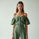 Sage Green Tweed Off-Shoulder High-Waisted Trousers