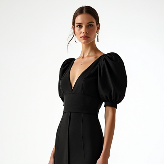 Midnight Black Polka Dot Puff Sleeve Evening Gown