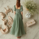 Sage Green Puff Sleeve Chiffon Pleated Maxi Skirt