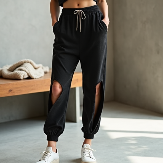 Korean Chic Abstract Print Split Thigh Relaxed Joggers