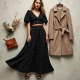 Midnight Black Polka Dot Puff Sleeve Pleated Maxi Skirt
