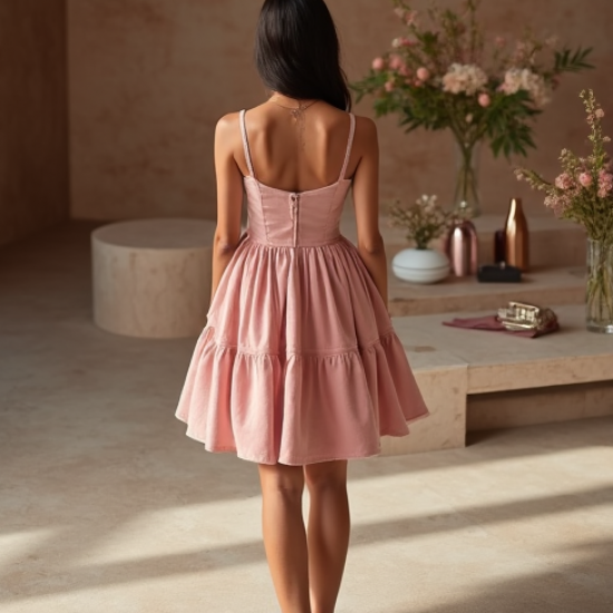 Pastel Pink Tiered Velvet Cocktail Dress
