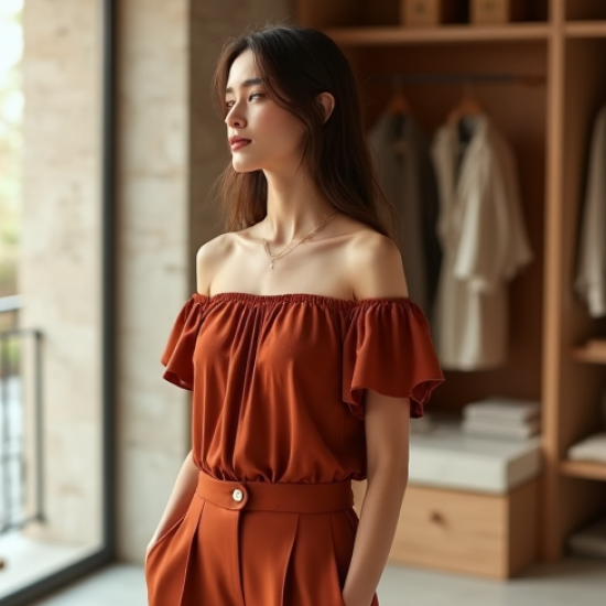 Terracotta Solid Color Off-Shoulder Pleated Slacks
