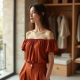 Terracotta Solid Color Off-Shoulder Pleated Slacks