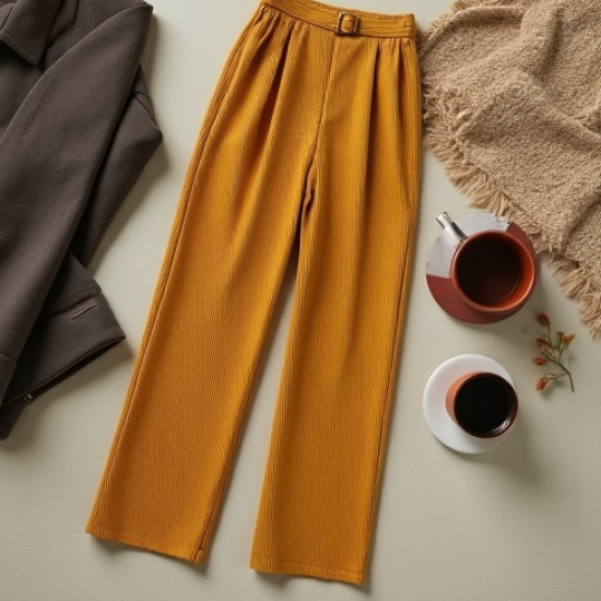 Mustard Yellow Ribbed Knit Belted Pleated Slacks