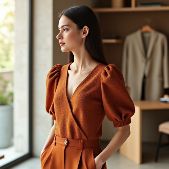 Terracotta Tweed V-Neck Puff Sleeve Top