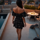 Midnight Black Abstract Print Off-Shoulder Wrap Front Skirt