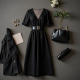 Midnight Black Jacquard V-Neck Midi Dress