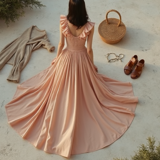 Korean Chic Solid Color Ruffled Maxi Dress
