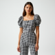 French Style Gingham Puff Sleeve High-Waisted Trousers