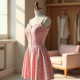 Pastel Pink Houndstooth Off-Shoulder Camisole Dress